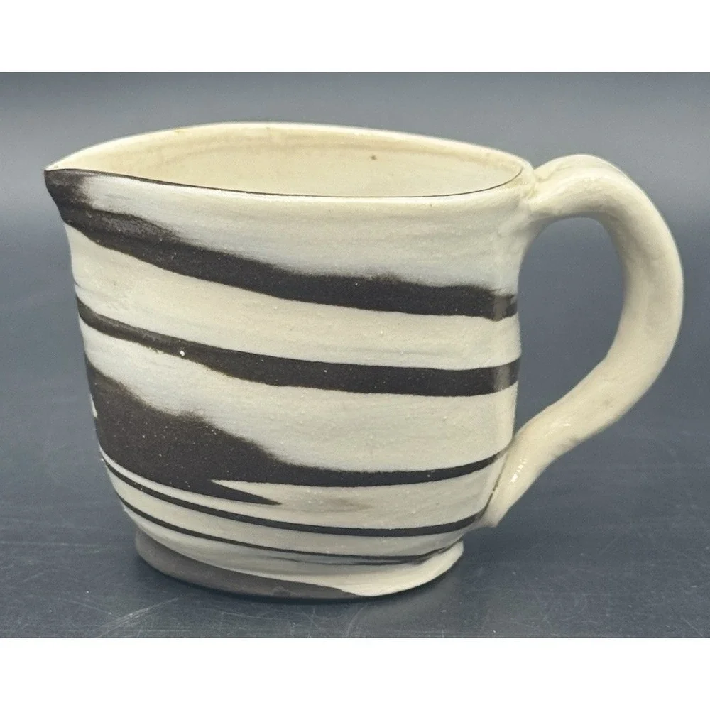 Handmade Studio Pottery Creamer Brown White Striped Pulled Handle Wheel Thrown